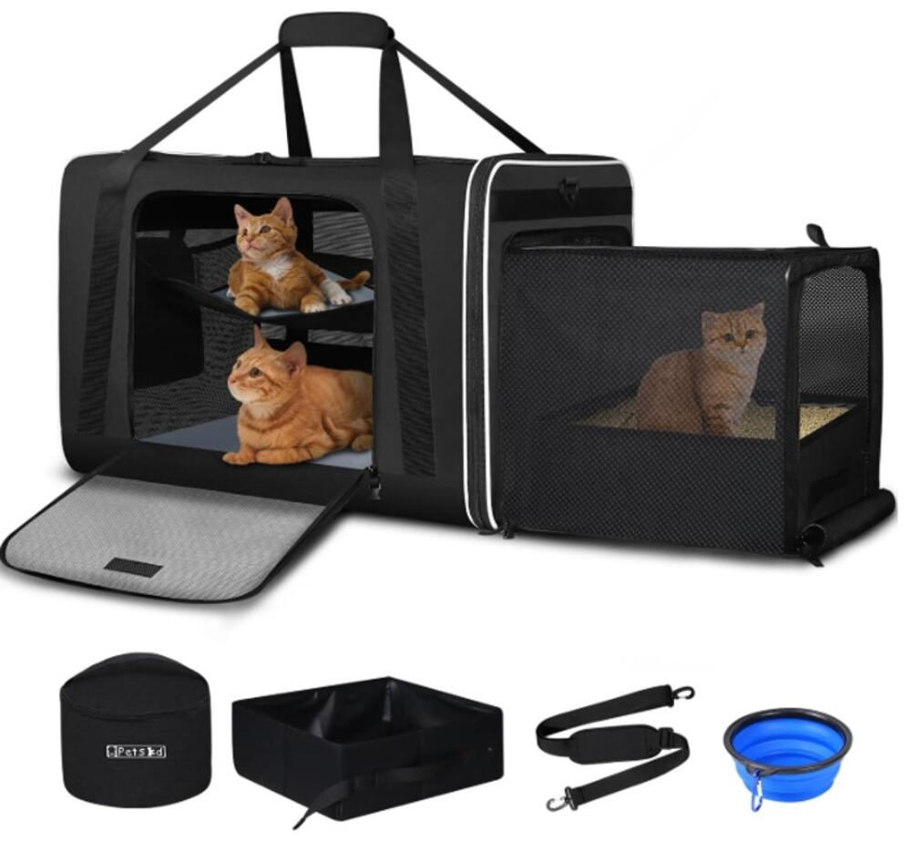 Petskd Store Side Expandable Extra Large Cat Carrier with Litter Box, Black
